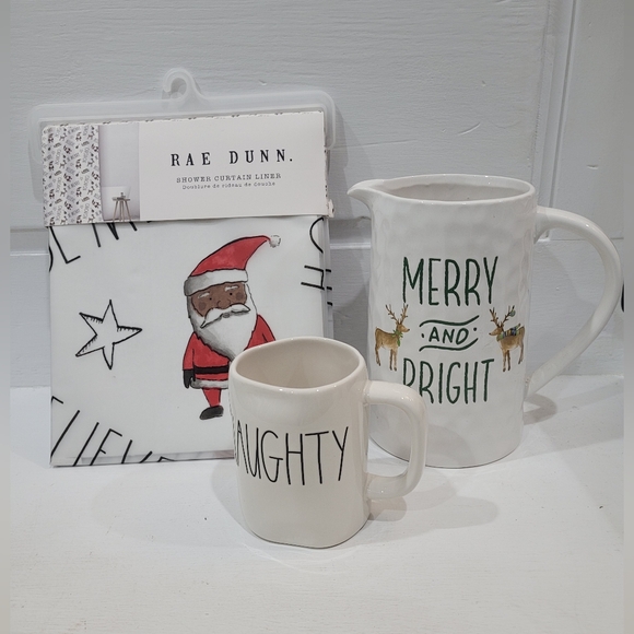 Rae Dunn Shower Curtain, White Christmas Mug and Pitcher Set - Picture 1 of 7
